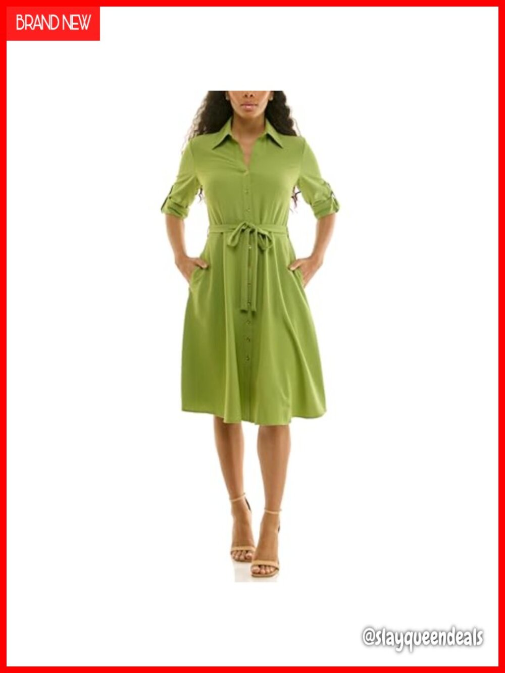 Sharagano Pleated Shirt Dress 3/4 Sleeve V-Neck Button Midi